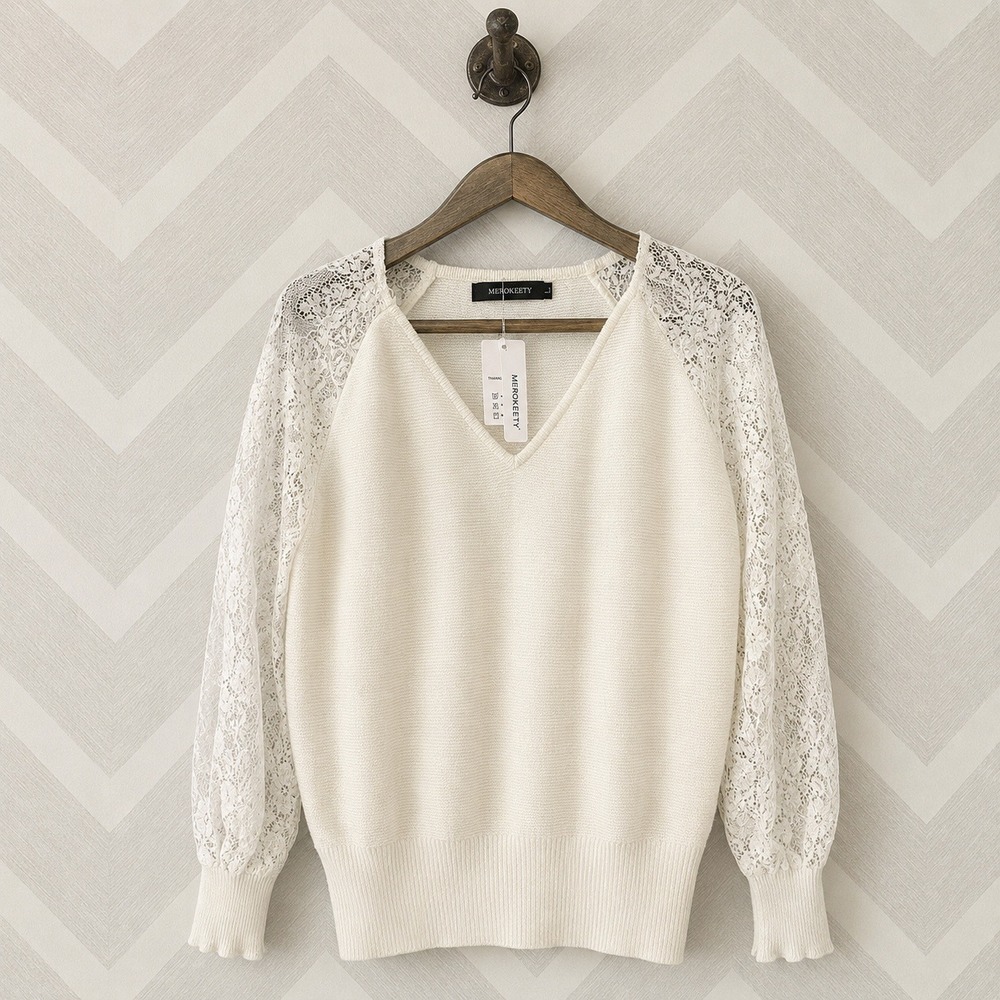 Merokeety V-Neck Knit Sweater Lace Balloon Sleeve Cream White Large NWT